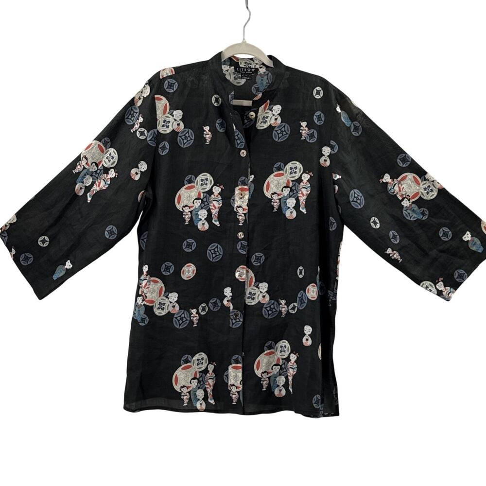 CITRON 100% Linen Black Semi Sheer Asian Geisha Tunic Side Slits Size‎ L